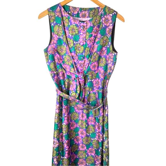Vintage Floral Sun Dress Pink Green 1960s Belt Flowers V Neck - Picture 1 of 12